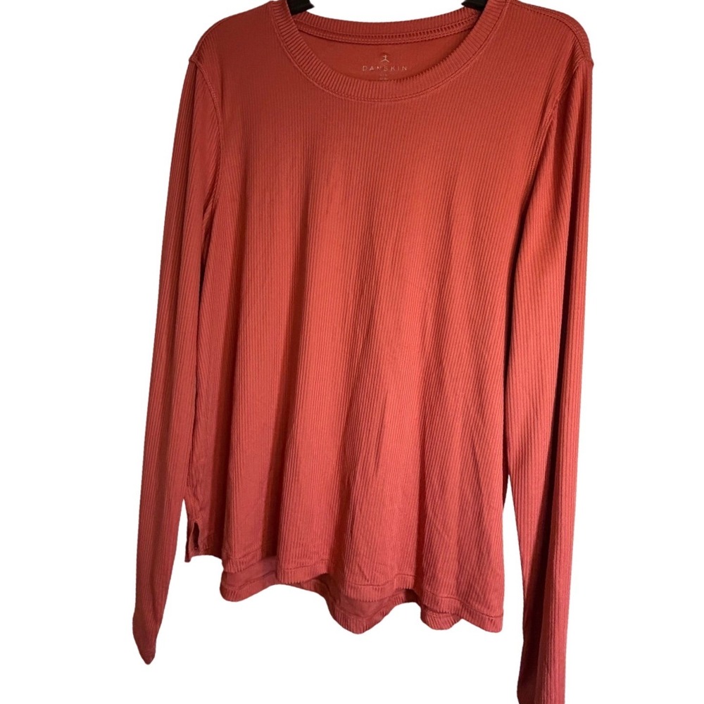Danskin Womens Ribbed Long Sleeve Activewear Top Terracotta Orange Thumbholes L